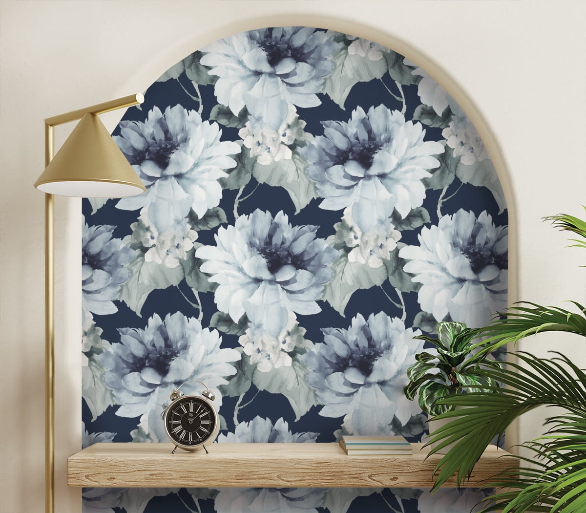 NextWall Harry & Grace Watercolor Floral Peel and Stick Wallpaper 20.5 in. W x 18 ft. L - Navy Blue & Slate Green
