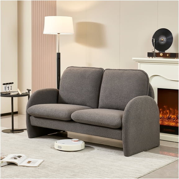 JERFIT Modern Sherpa Loveseat Sofa, Plush 2-Seater Couch for Small Spaces, Cozy Apartment Living Room Furniture in Gray