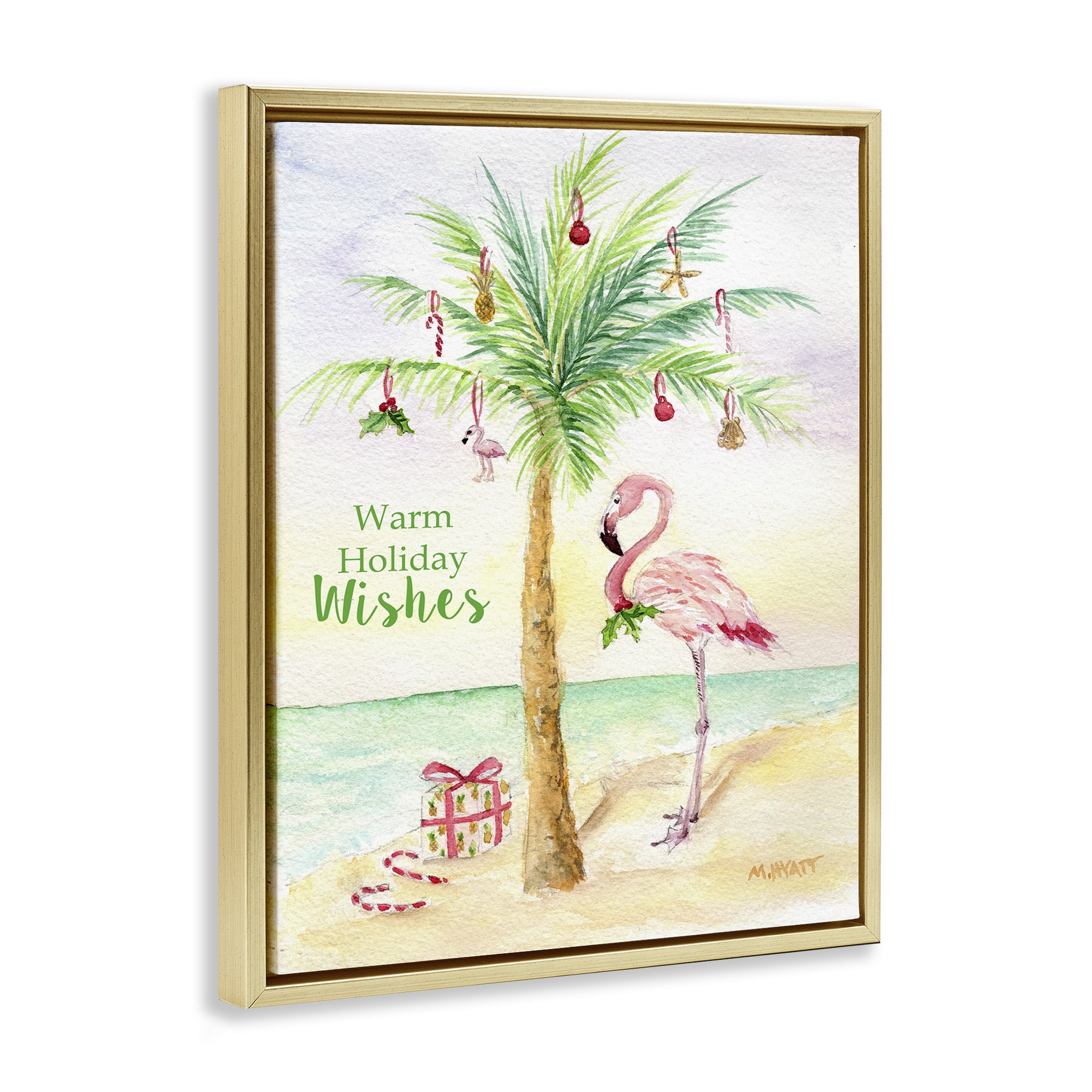 Stupell Industries Tropical Flamingo Christmas Holiday Painting Gold Floater Framed Canvas Art Print Wall Art, 17 x 21