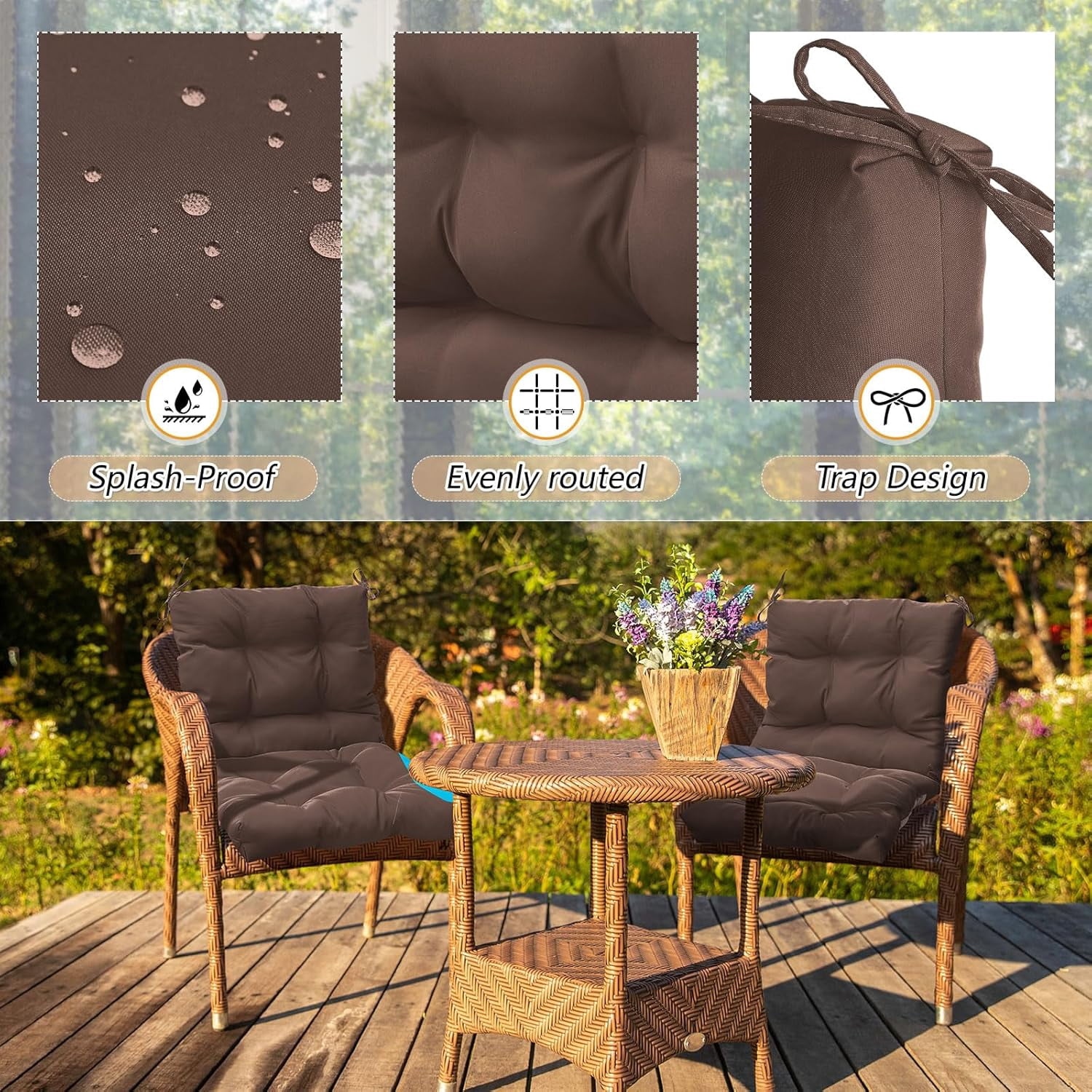 4 Pcs Outdoor Indoor High Back Chair Cushions Patio Furniture Tufted Pillow with Ties Water-Resistant Replacement Outdoor Rocking Chair Cushions, 42 x 21 Inches (Brown,Solid Color)
