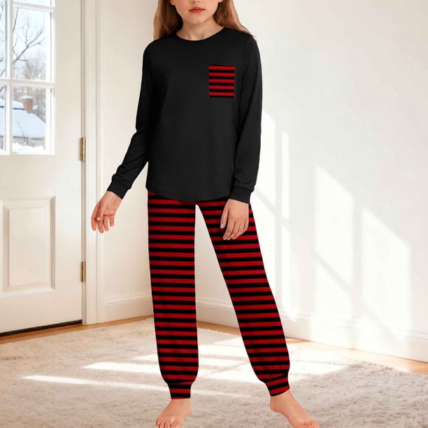 Conjuntos de blusa y camisa de manga larga con cuello redondo para niños y niñas de 5 a 14 años con estampado y bolsillo. Conjunto de top y pantalón de manga larga.