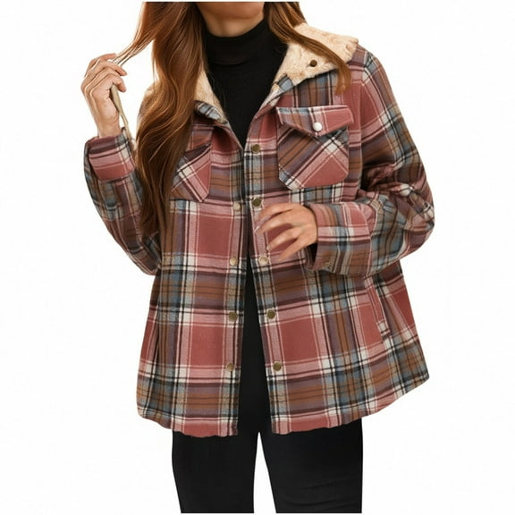 Women's Hooded Plaid Shirts Casual Sherpa Lined Button Down Jackets with Pockets Orange M