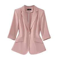 Womens Fitted Blazer Suit Jackets with Pockets 3/4 Sleeve Notch Laple Collar One Button Business Casual Outfits (XL, Pink-A)