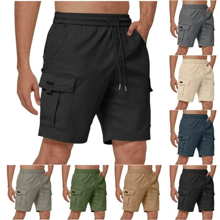 lcziwo Mens Golf Shorts Cotton Big and Tall Casual Drawstring Hiking Shorts Multiple Pockets Solid Color Outdoor Fishing Work Shorts Khaki XXXXXL