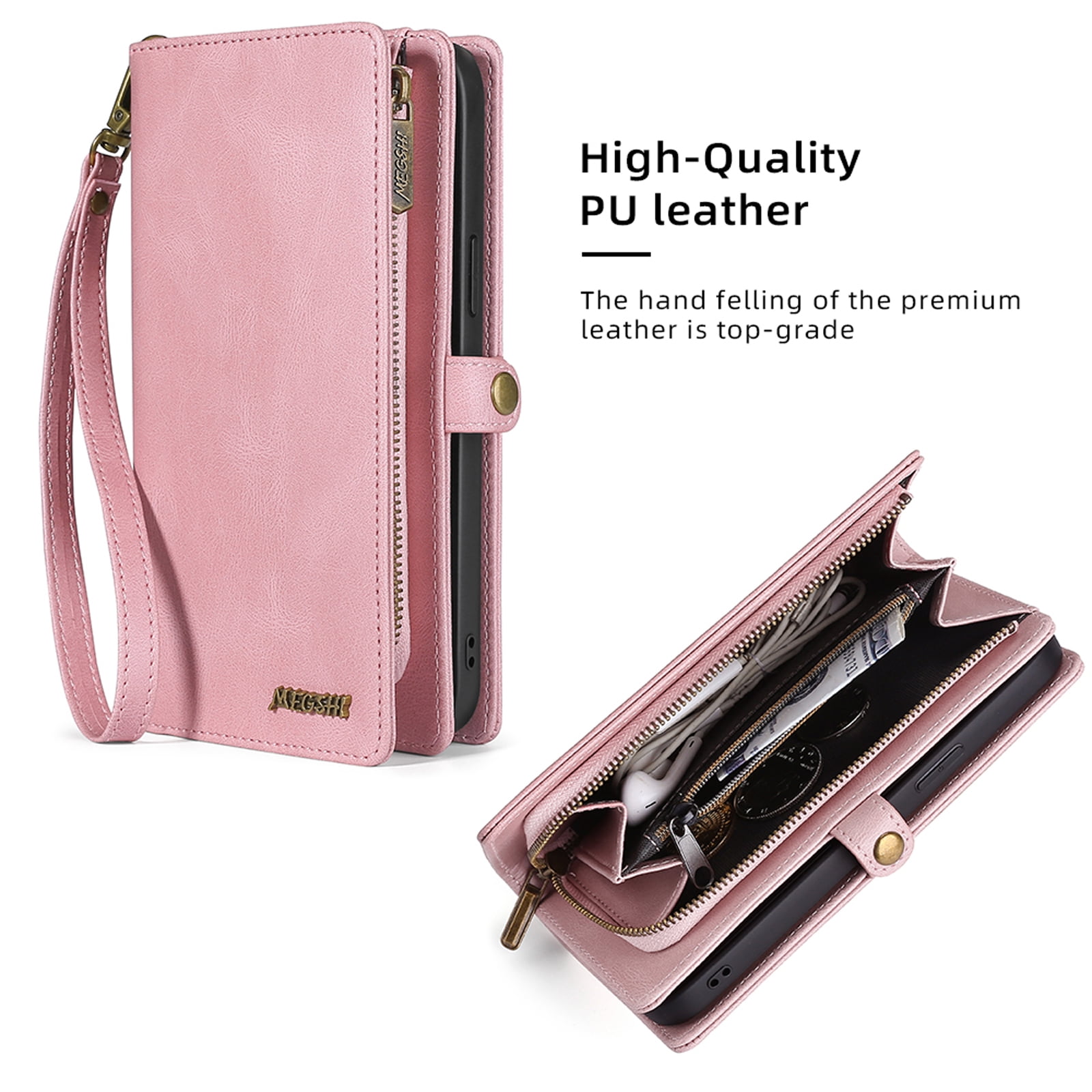 Defencase for Google Pixel 7 Pro Case for Women Men, Removable Durable PU Leather Magnetic Flip Strap Wristlet Zipper Purse Card Holder Detachable Wallet Phone Cases for Google Pixel 7 Pro, Pink