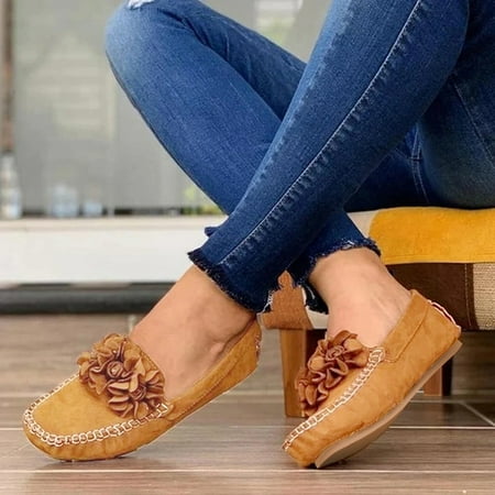 

ERTUTUYI Women Flats Leather Shoes Flat Flower Moccasins Soft Bottom Loafers Slip Shoes Brown 38
