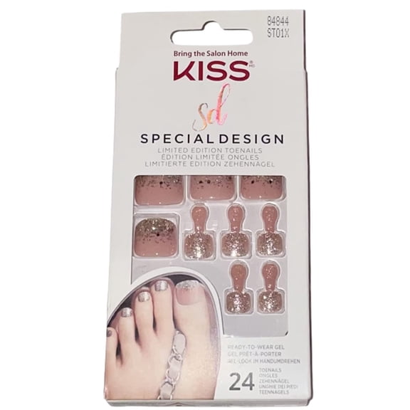 Kiss Special Design Pink Blush w/ Gold Holographic Glitters Pedicure Glue-On Toenails ST01X