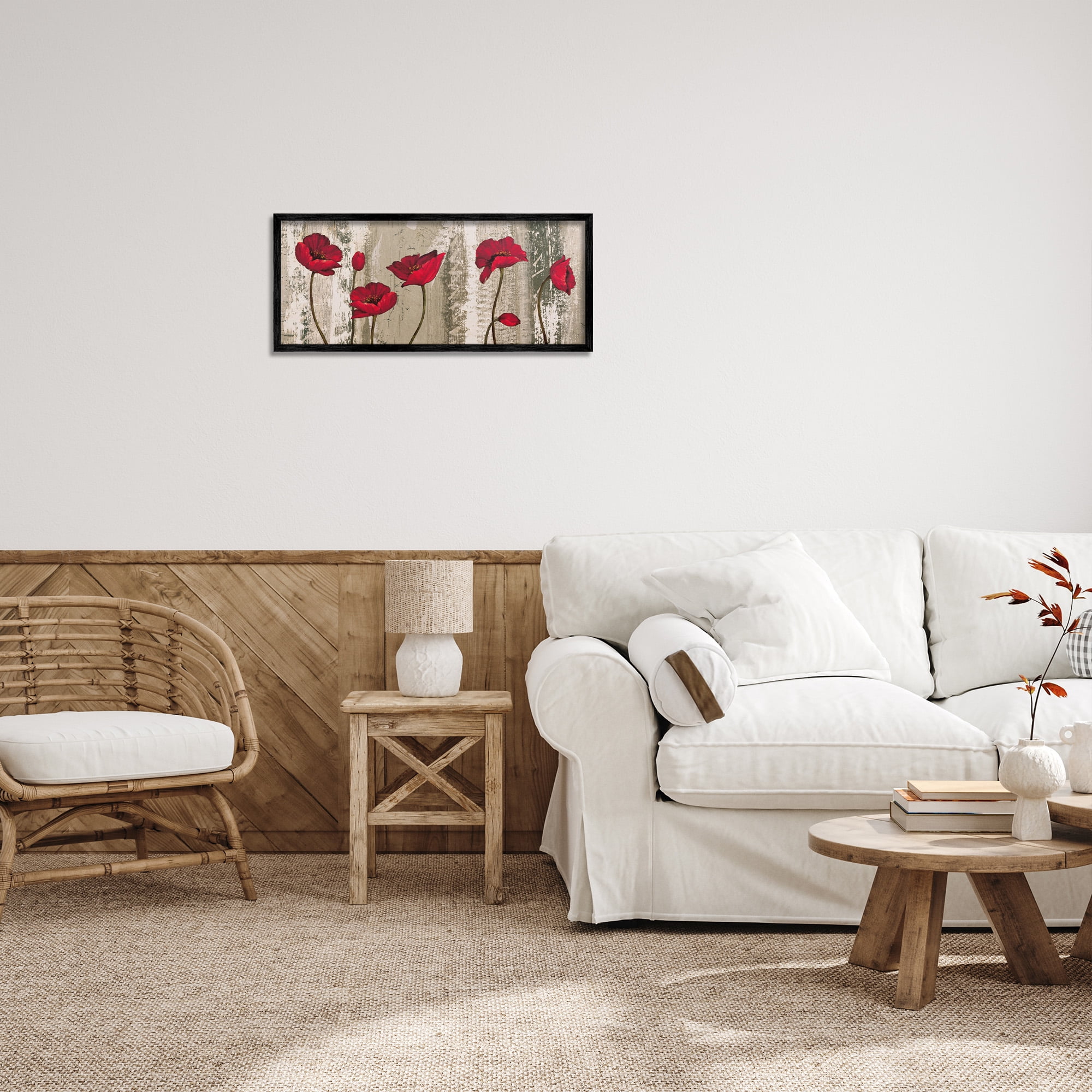 Stupell Industries Red Poppies Rustic Pattern Botanical & Floral Painting Black Framed Art Print Wall Art, 24 x 10