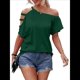 thumbnail image 3 of Camiseta de Mujer con Hombros Descubiertos, Corta, Escote Asimétrico y Aberturas Verde L, 3 of 8