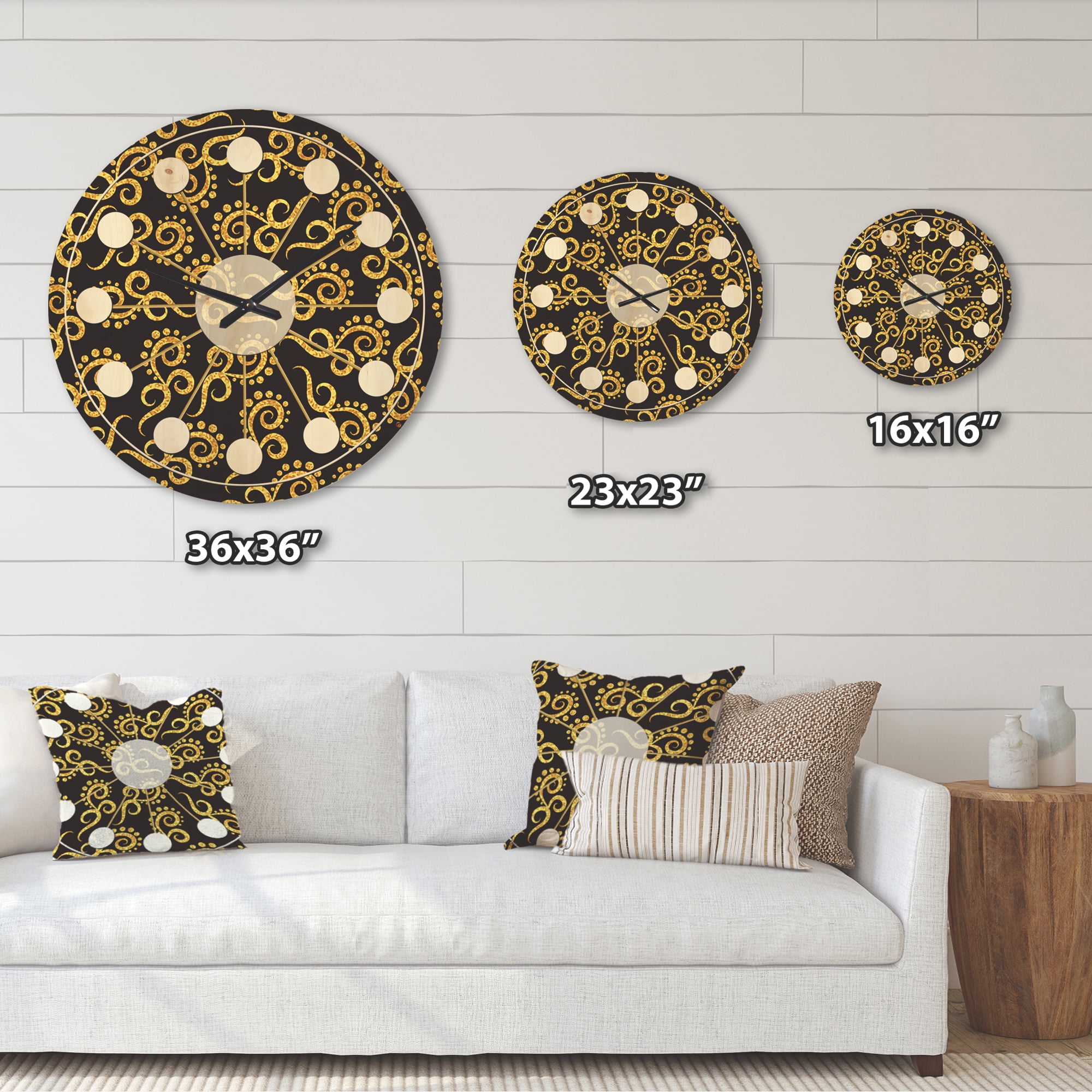 Designart 'Black and Gold Swirl II' Mid-Century Modern Wood Wall Clock