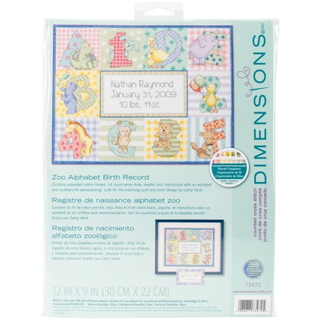 UPC: 0088677734725 | Dimensions Cross Stitch Craft Kit Zoo Alphabet Birth Record Personalized Baby Gift  14 Count White Aida  12  x 9