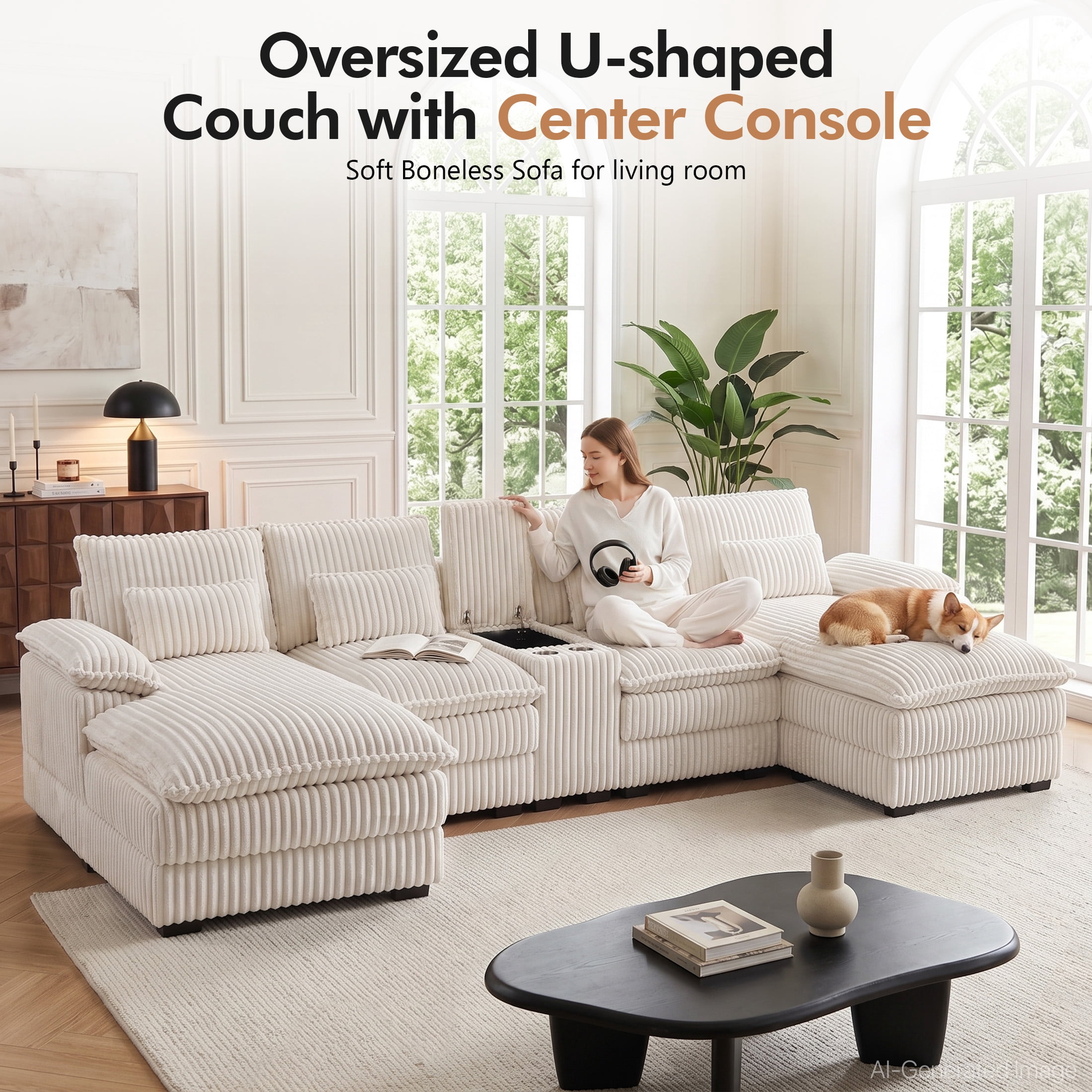 Aenkyo 125 Inch Chenille U-Shaped Sectional Sofa with Console and USB Ports, White