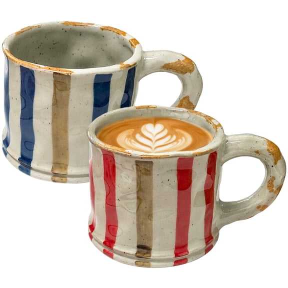 2PCS Ceramic Coffee Mug Set, 7.8oz Hand Painted Striped Cups with Comfortable Handle, Microwave & Dishwasher Safe, Multi-Use Drinkware for Coffee Tea Milk Juice, Ideal Gift Choice