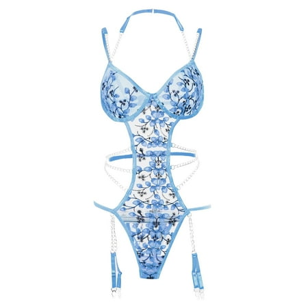 Blue Large Women Lace Mesh Bra Lingerie for Women Floral Embroidery Chain Linked Snap Crotch Lingerie Plus Garter Teddy Bodysuit with Leg Ring Women Lingerie for Women Un