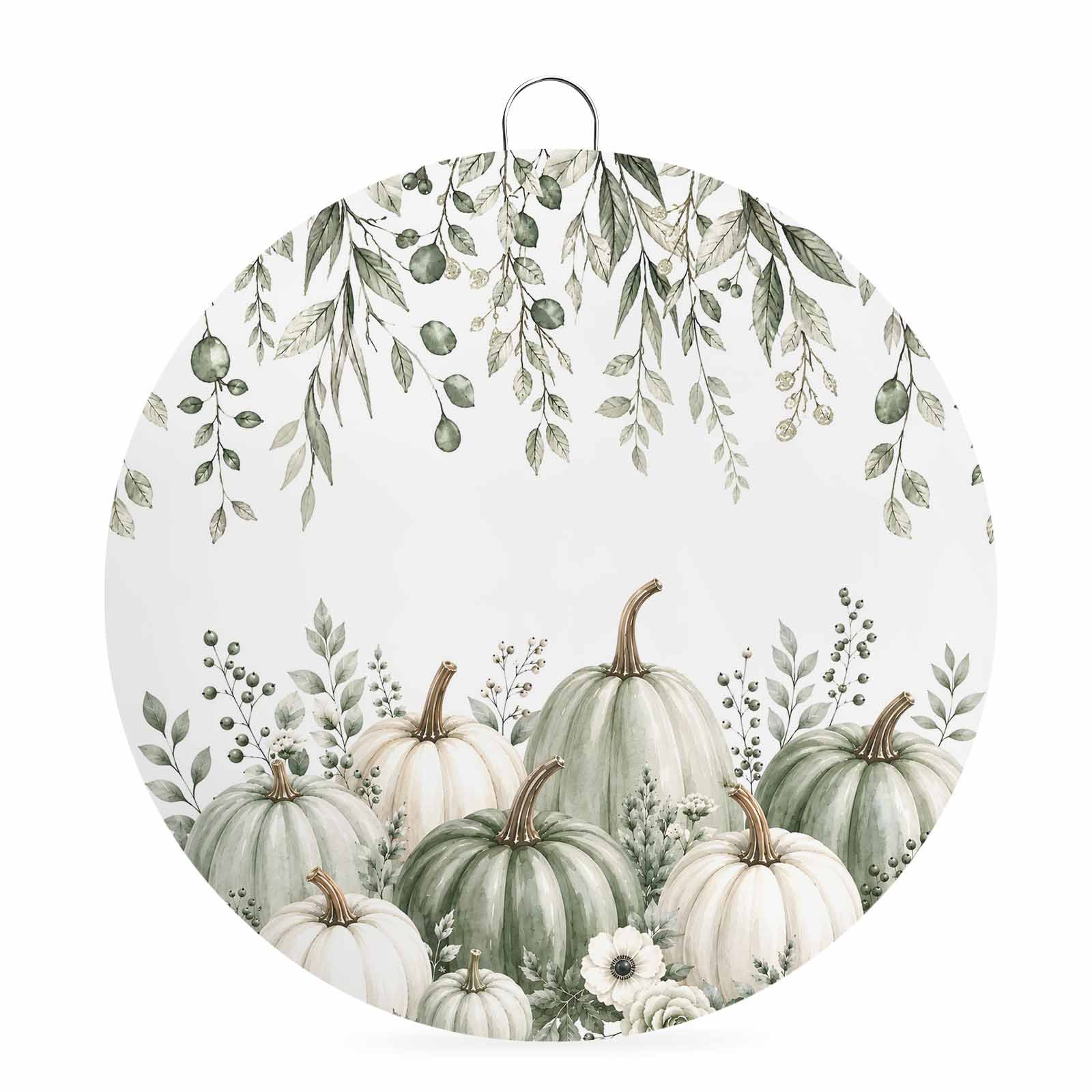 Welcome Sign Front Door Decorations Thanksgiving Fall Round Wall Art Outdoor Metal Wreaths Autumn Green Pumpkins Country Eucalyptus Seasonal Hanging Sign for Home Porch Decor Warming Gift 8 In