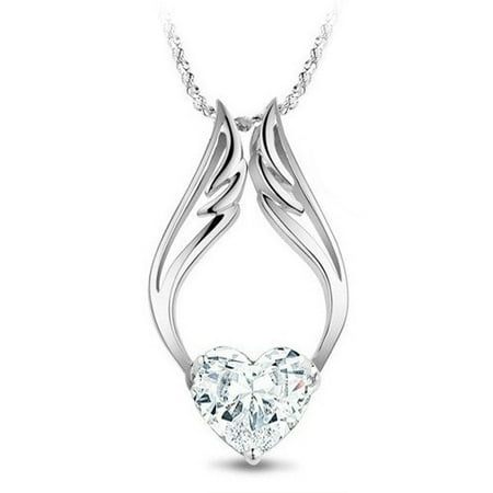 Swarovski Gold Tone Necklace - 18k White Gold Plate Swarovski Heart & Angel Wing Necklace