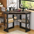 thumbnail image 4 of VECELO Corner Computer Desk with Charging Station, 90 Degree Triangle Writing Study Table with Keyboard & Storage Shelves for Small Space, Brown, 4 of 11