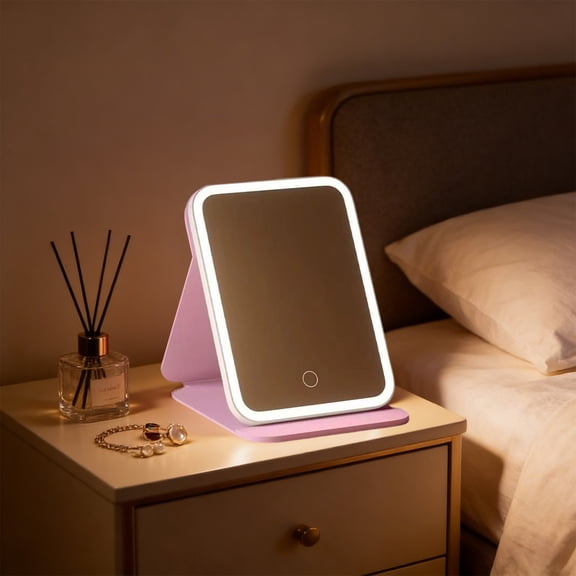 Travel Makeup Mirror,Portable LED Lighted Makeup Mirror,Touch Screen Vanity Mirror,60 LEDs,3-Color Dimmable Lighting,Rechargeable Tabletop Folding Cosmetic Mirror