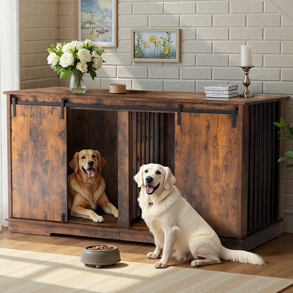 Double Dog Crate Furniture for 2 Dogs, DOMIPET Heavy-Duty Dog Kennel TV Stand with Divider and Sliding Doors, Large Dog Cage for Pet Cat Animals