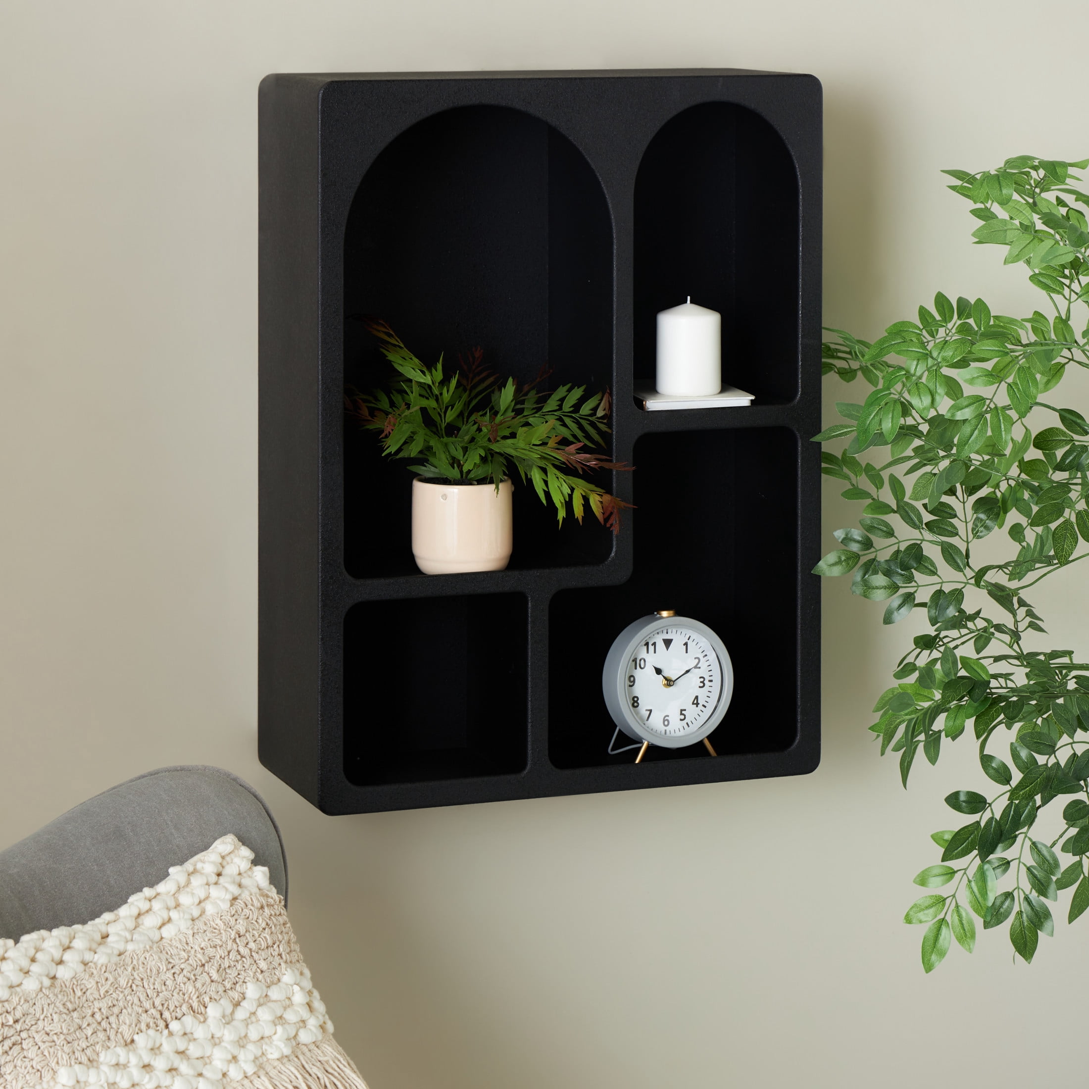 DecMode 24" x 10" 4-Tier Black Geometric Wall Shelf with Arched Block Shapes