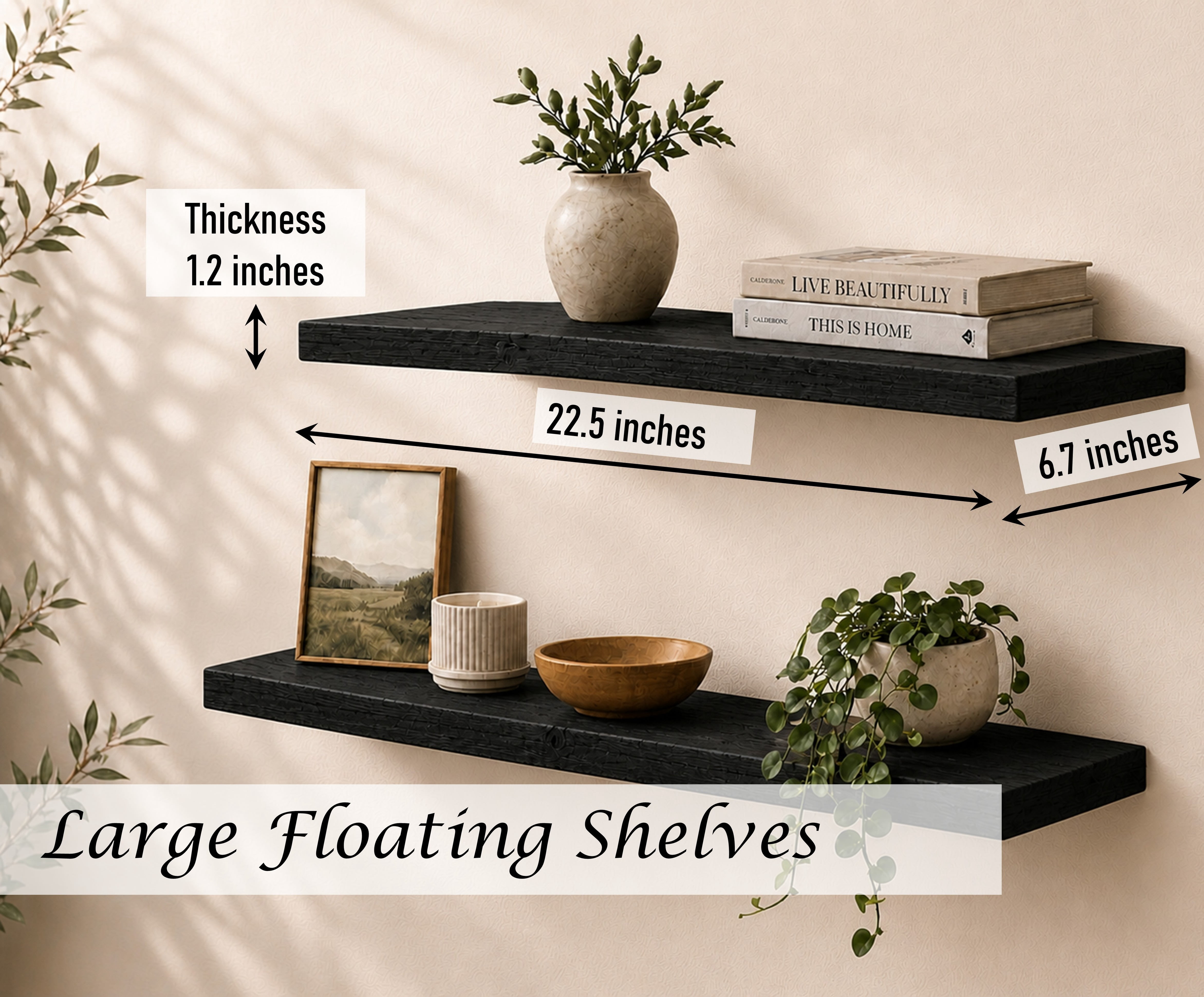 Induslyfe Large Black Floating Wall Shelves, Wood Wall Mounted Shelf, Set, 22.5 x 6.7 in, Set of 2, shelf over toilet farmhouse decor