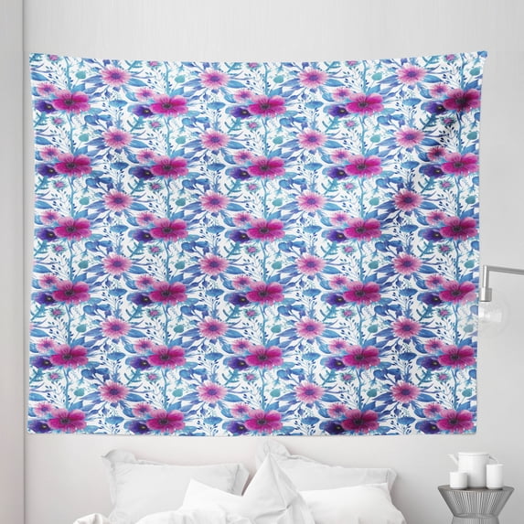 Spring Tapestry, Romantic Watercolor Pattern with Nosegay Flowers Print, Fabric Wall Hanging Decor for Bedroom Living Room Dorm, 5 Sizes, Azure Blue Pink, by Ambesonne
