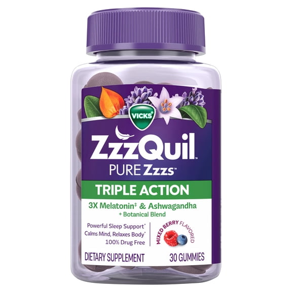 ZzzQuil PURE Zzzs Triple Action, Sleep Aid, Melatonin Gummies, Melatonin 6mg, with Ashwagandha, 30 Gummies