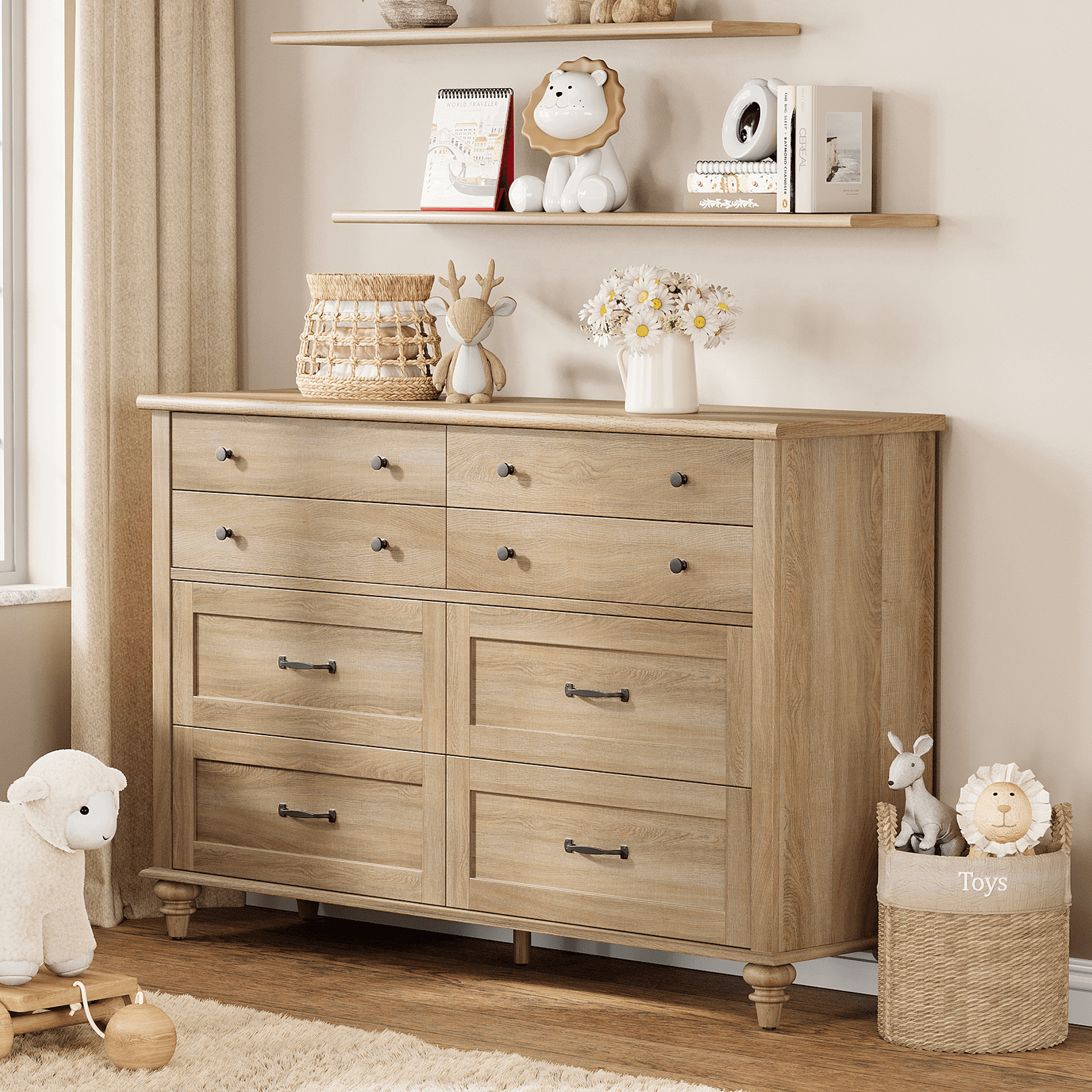 Wide Oak 8 Drawer Dresser for Bedroom, Wooden Chest of Drawers for Living Room