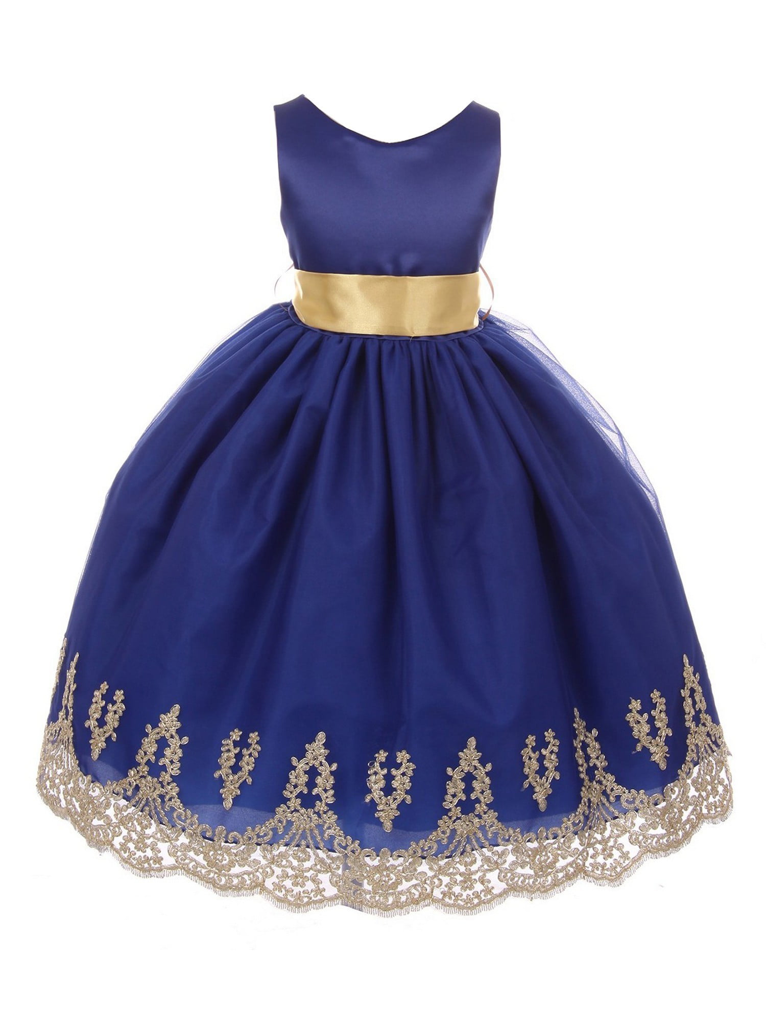 Chic Baby Little Girls Royal Blue Gold Lace Embroidered Dress