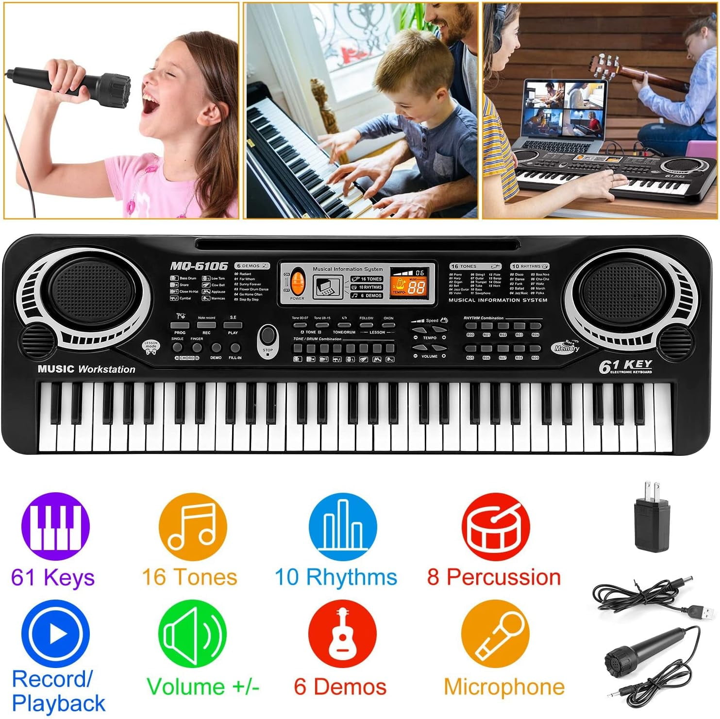 Anself 61 Key Keyboard Piano, Electronic Keyboard Piano with Microphone for Kids Gift, Black