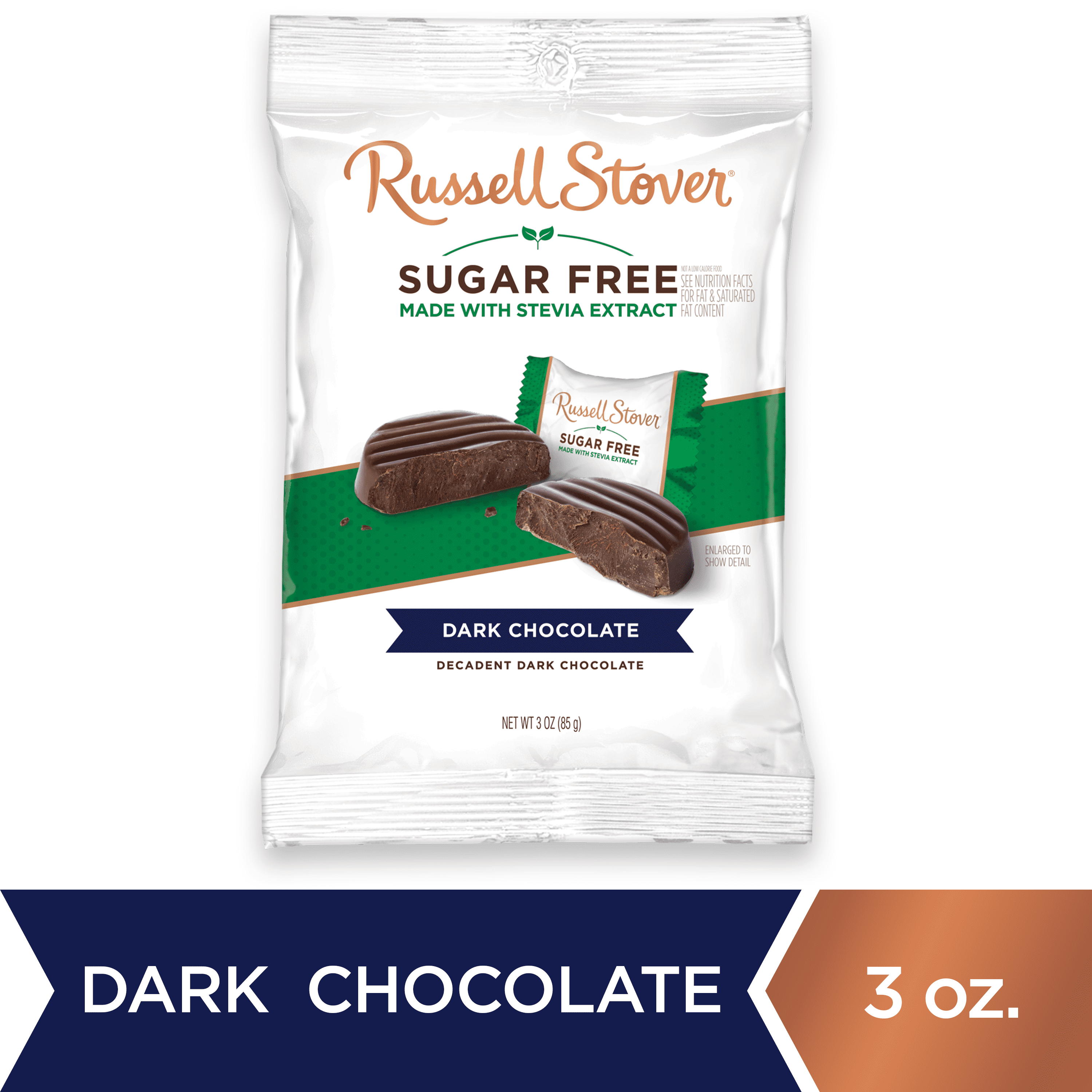 Russell Stover Sugar Free Dark Chocolate with Stevia, 3 oz. Bag