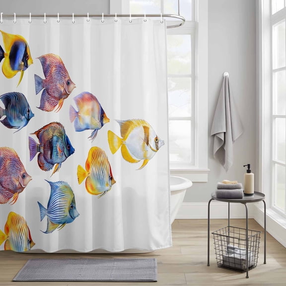 Bathroom Shower Curtain Summer Fish School Funny Animals Waterproof Shower Curtains with Hooks, Watercolor Gradient Bath Curtains Bathtub Curtain Home Decor 36x72in