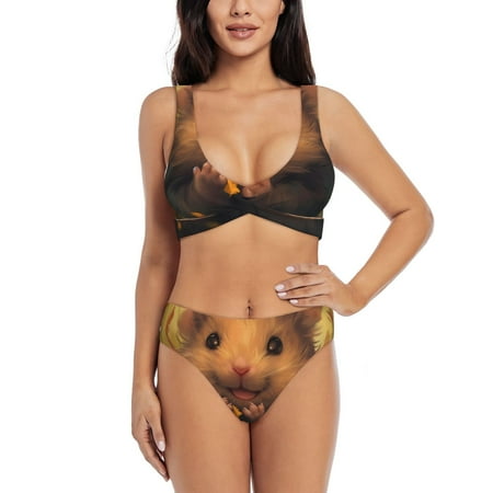 Zeuib Cute Sunflower Guinea Pig High Waisted Tummy Control Bikini Set - Knot Front Push Up Top & Cheeky Thong Bottom  Two-Piece Swimsuit for Women-XX-Large