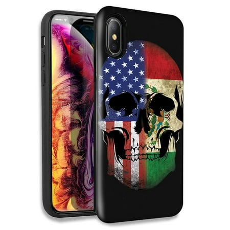 Mundaze American USA Mexico Flag Skull Double Layer Hybrid Case Cover For Apple iPhone X XS