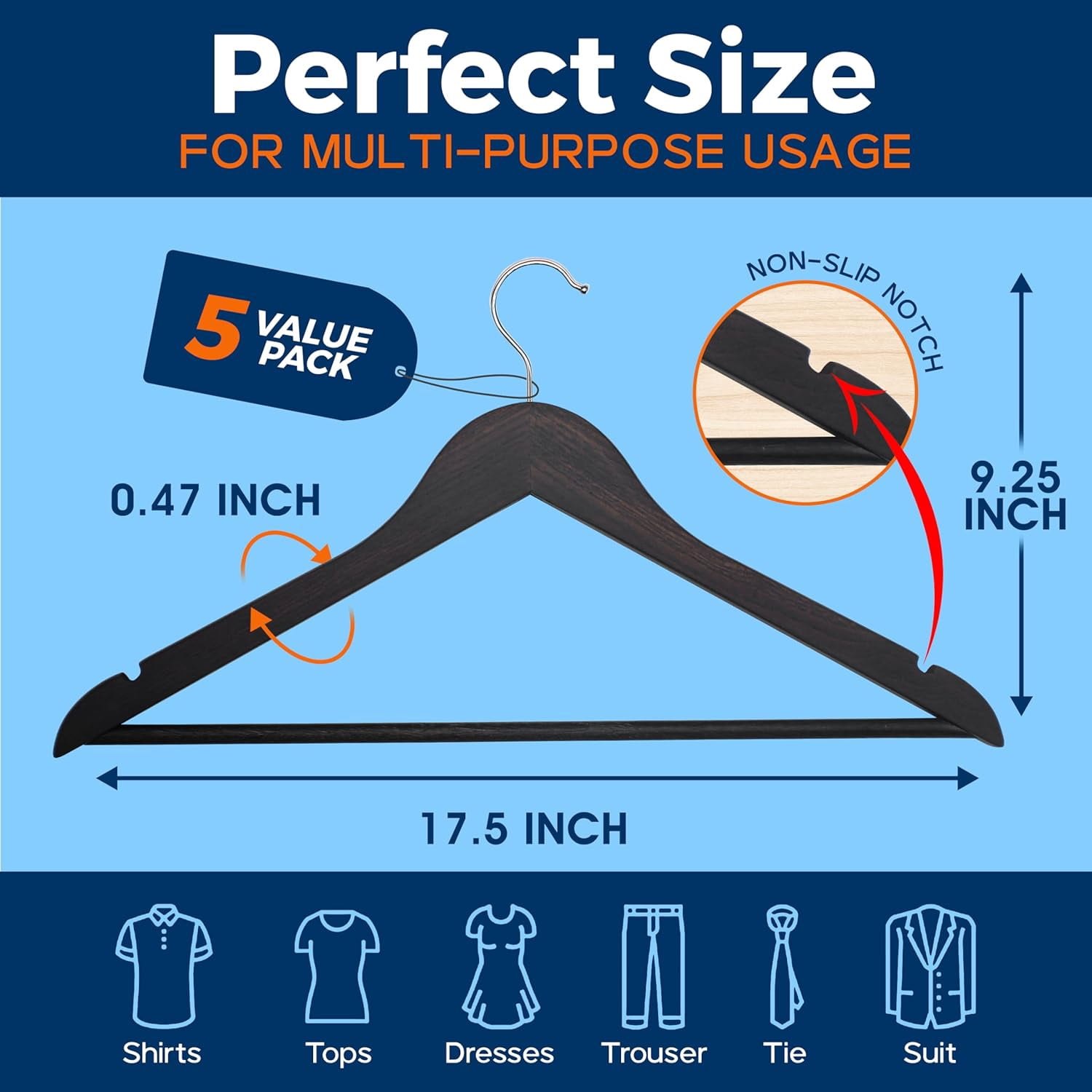 Vintage Wooden Hangers 5 Pack – Heavy-Duty with 360° Swivel Hook, Non-Slip, Pants Bar & Shoulder Grooves - Wooden Hangers for Suits, Jackets, Dresses & Camisoles, Space-Saving and Smooth Finish