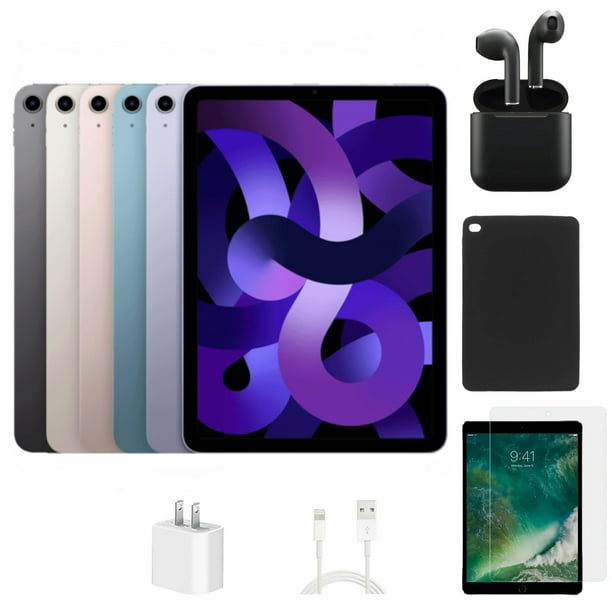 Reacondicionado Apple iPad Air 5 A2589 (WiFi + Cellular Desbloqueado) 64GB Gris Espacial (Grado A) Paquete con Funda, Auriculares Inalámbricos, Protector de Pantalla de Vidrio Templado