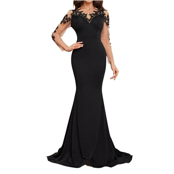Oplxuo Elegant Mermaid Maxi Evening Dresses for Women Lace Appliques Embroidered Mesh Long Sleeve Formal Party Cocktail Dress