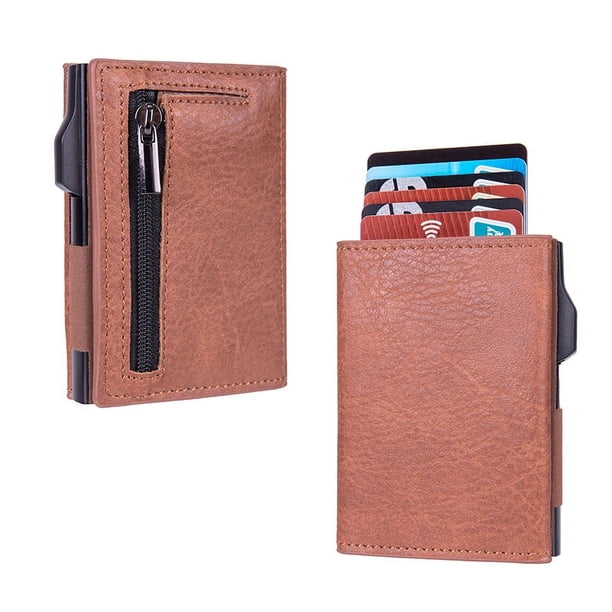 Estuche antirrobo para tarjetas de crédito Estuche para tarjetas de crédito de aluminio con presión lateral Monedero de cuero de PU