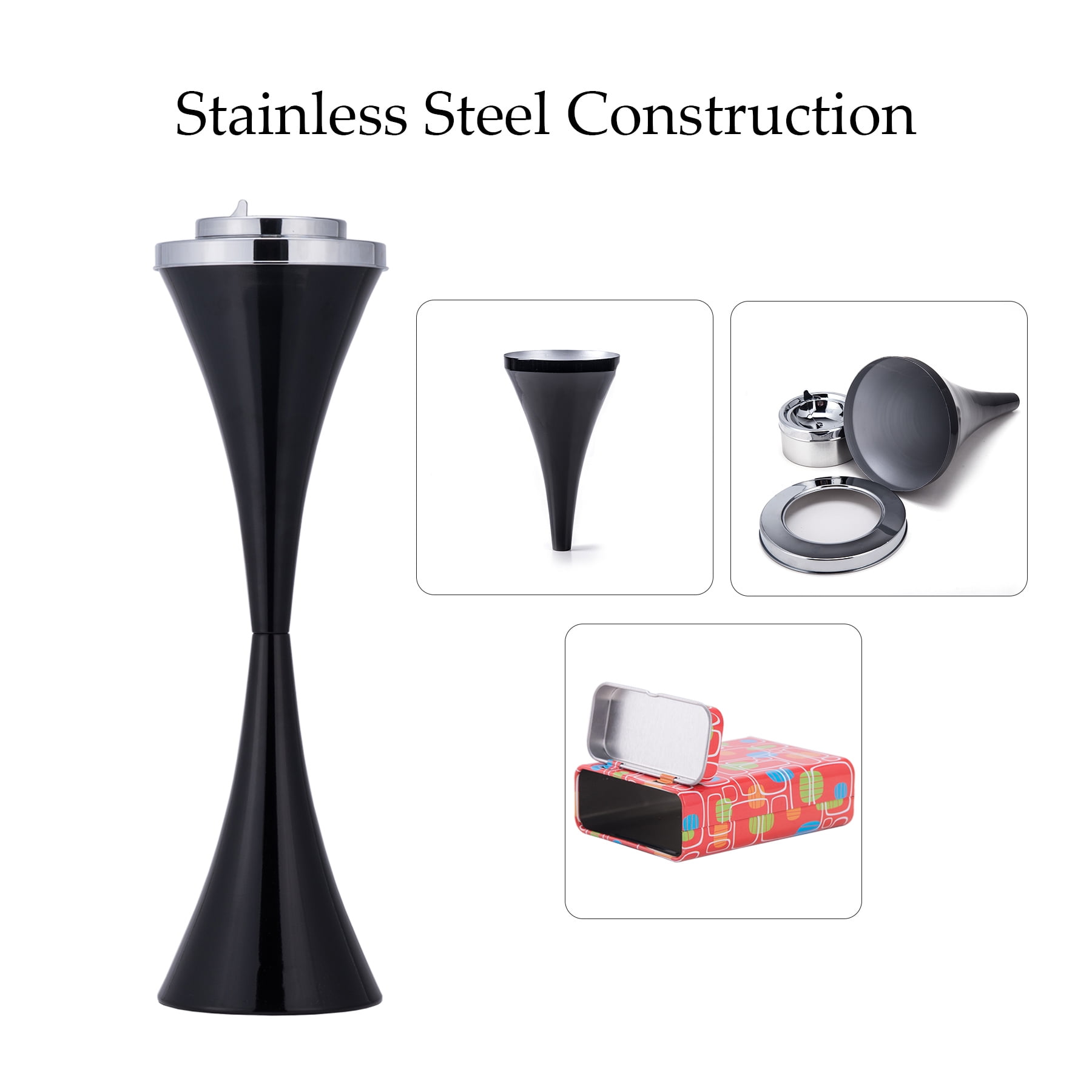 Floor Standing Ashtray with Lid 24 In. Height, Black Retro