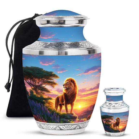 Yatskia Golden Savanna Lion Large Memorial Urns for Human Ashes Adult Brother and Sister, Mini Keepsake Urn for Ashes Adult Mom, (Tasty 10 Inch and 3 Inch)