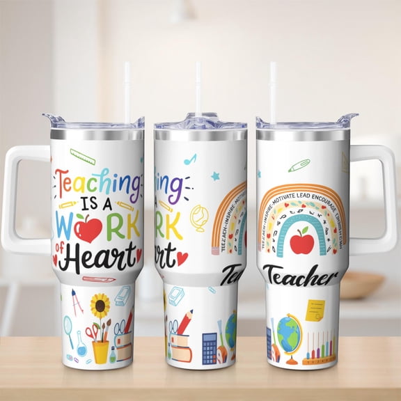 Cute teacher tumbler 40 oz tumbler with handle and straw 304 stainless steel travel cup coffee mug water bottle suitable as a gifts for women teacher's gift