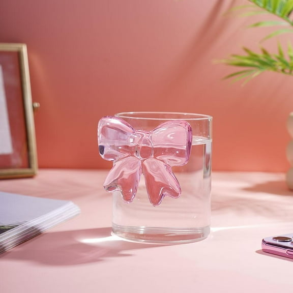 QHUDLV Bow Glass Cup, Glass Coffee Mug with Pink Bow Design, 12 oz Capacity, Cute Bow Mug,Cute Water Glasses for Iced Coffee Beverage, Small Wine Glass Cup for Girl Sister Girlfriend
