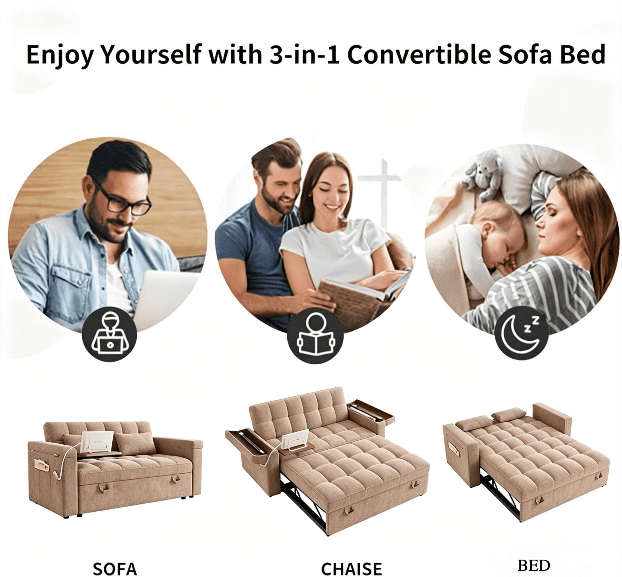 ShiKeyi 65" 3-in-1 Convertible Sofa Bed, Pull Out Loveseat with Chenille Fabric/Hidden storage space/Cup holder, Sleeper Sofa Bed for Living Room, Brown