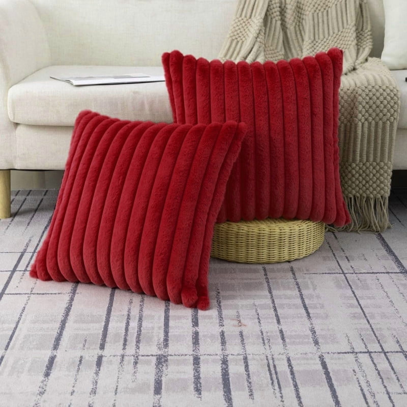 Throw Pillow Covers Decorative Faux Fur Set of 2 22 x 22 Inch Pillow Covers, Soft Wine Red Striped Outdoor Pillowcases for Couch Sofa Bed Living Room, Fluffy Cute Home Boho Accent Fuzzy Decor