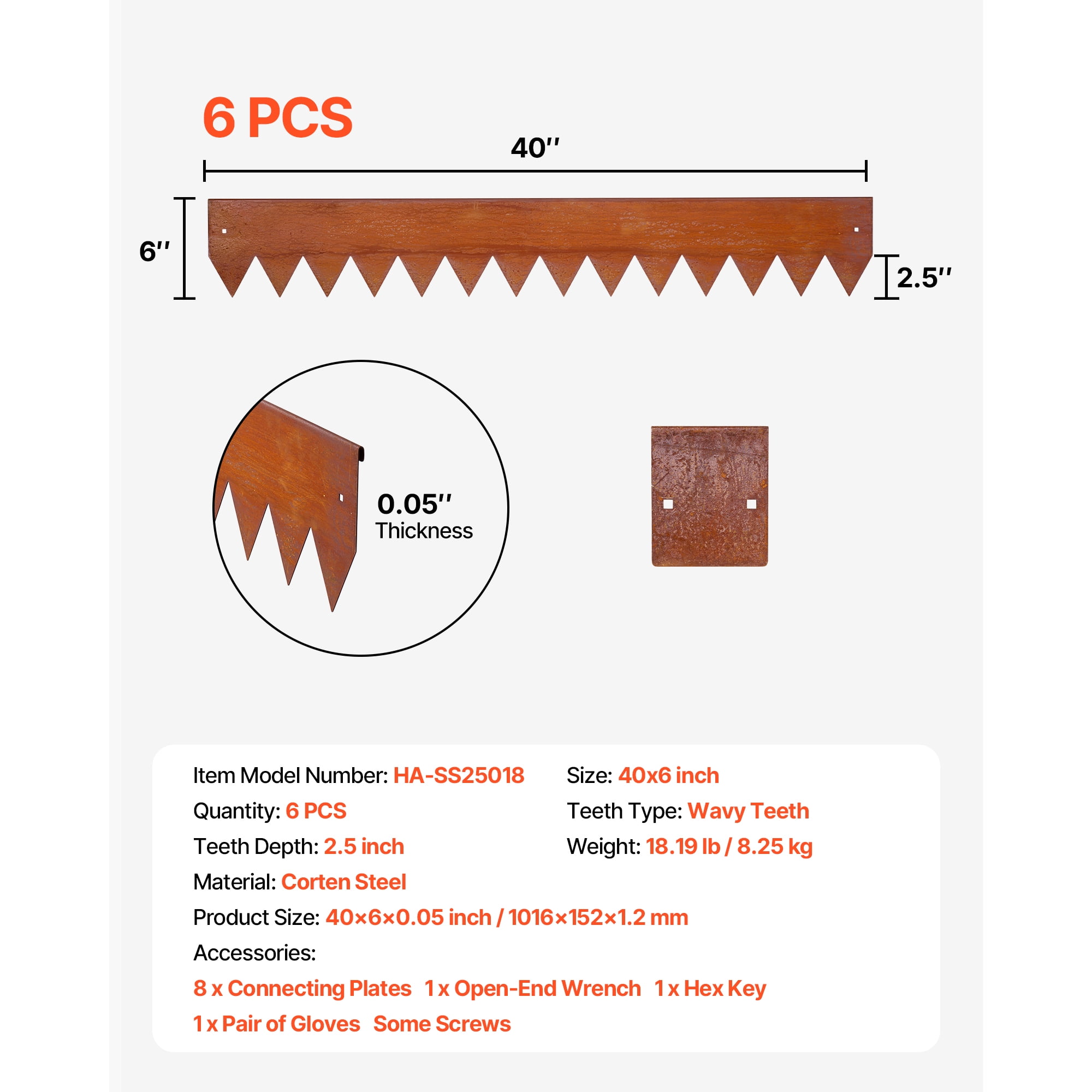 KFFKFF Corten Steel Landscape Edging, 6-Pack 40 x 6 Inch Metal Edging for Landscaping with 8 Connectors, Flexible Metal Garden Border for Flower Beds, Pathways, and Outdoor Spaces