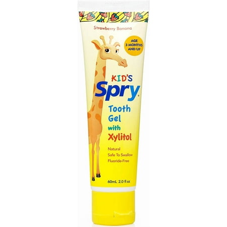 Spry Xylitol Natural Tooth Gel, Fluoride-Free, Strawberry Banana Flavor, 2 fl oz, 1 Pack, For Kids 3 Months Plus