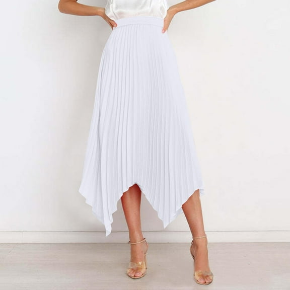 Abomasnow Pleated Midi Skirts for Women High Elastic Waisted Asymmetrical Hem Skirts Trendy A Line Swing Long Skirts S-2XL