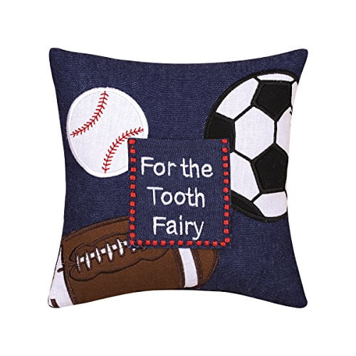 C&F Home "For The Tooth Fairy" Sports Theme (Football, Baseball, Soccer) Decorative Pillow, 8x8, Blue