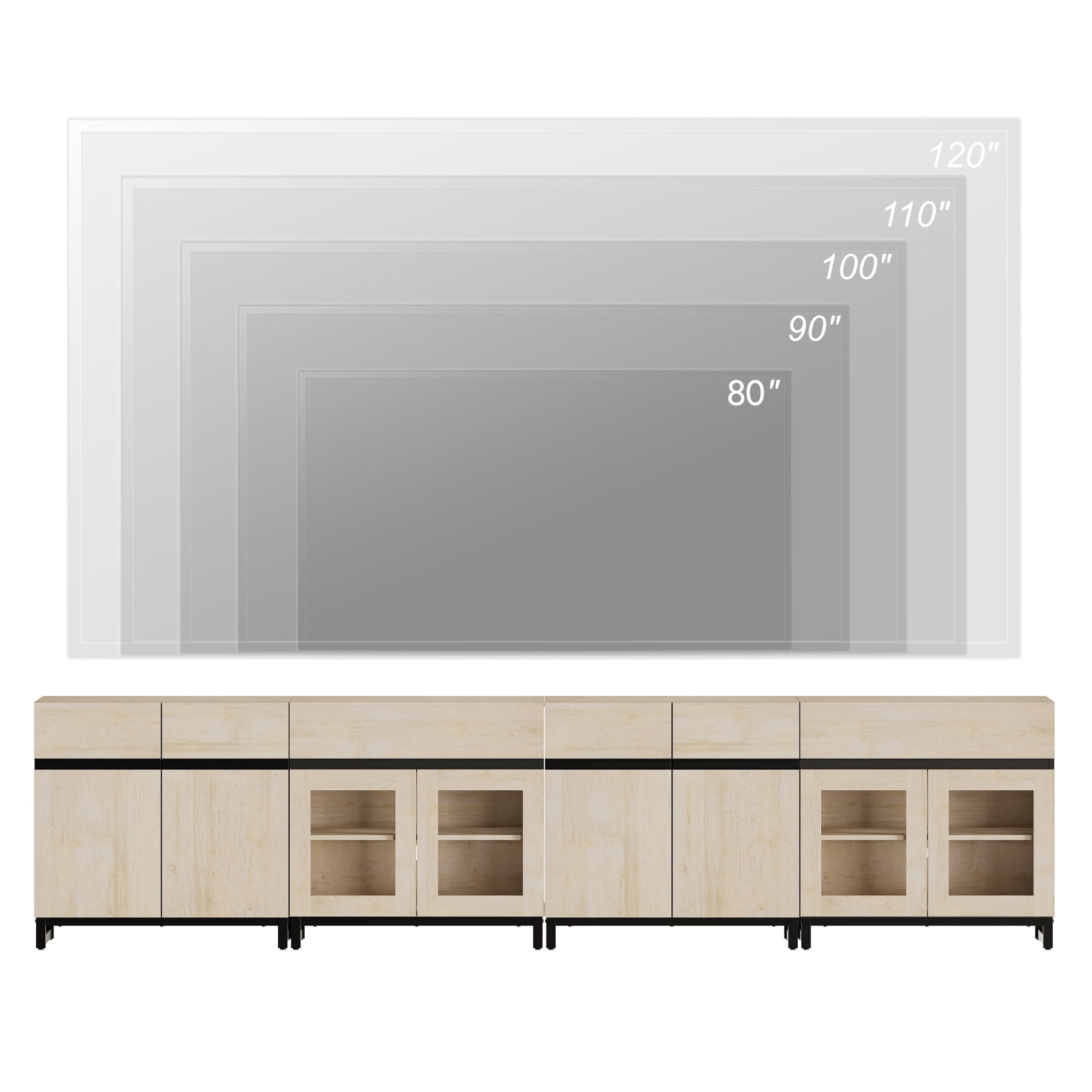 Modern TV Stand For Tvs Up To 120 Inches, 4 In 1 TV Console With Glass Doors And 2 Drawers, Media Console With Adjustable Shelf For Living Room,Beige