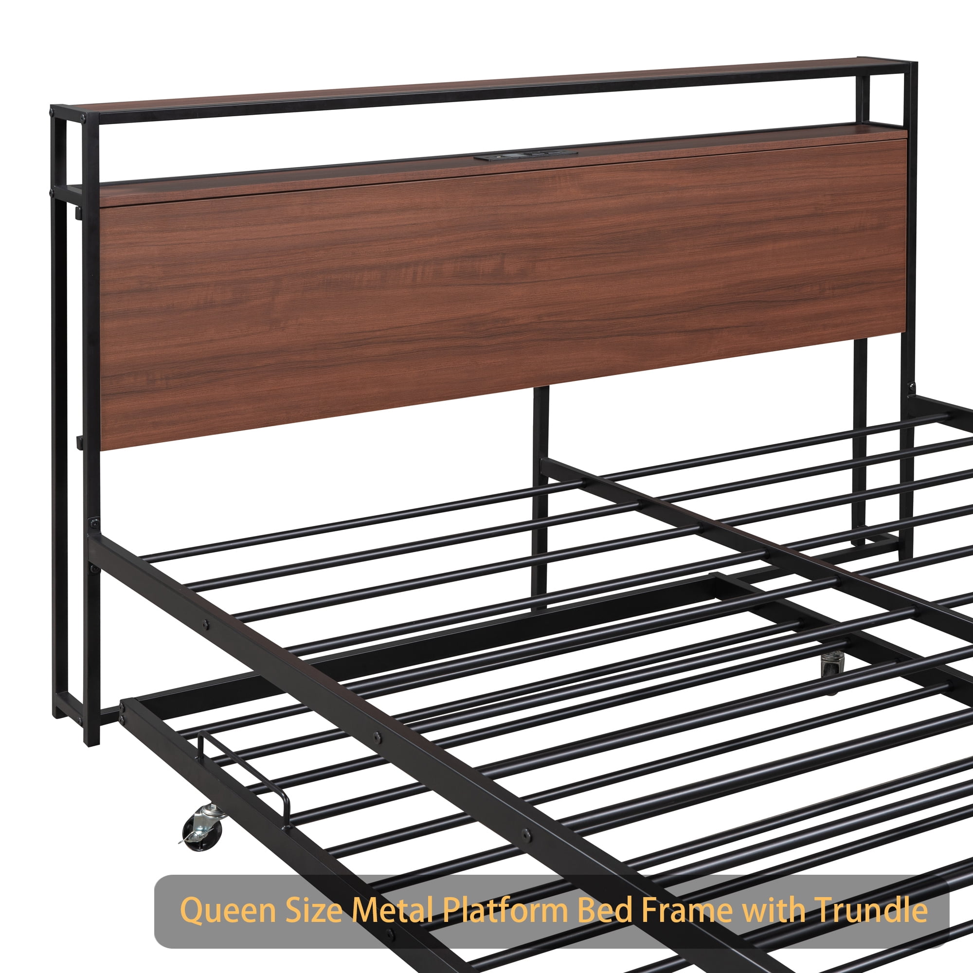 Queen Size Metal Platform Bed Frame with Trundle, USB Ports and Slat Support ,No Box Spring Needed Black